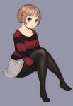  1girl blue_eyes full_body grey_background hugging_own_legs long_sleeves no_shoes original pantyhose shiohara_shin&#039;ichi shirt short_hair sitting solo striped striped_shirt 