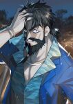  1boy beard black_hair blue_jacket clenched_teeth dated edward_teach_(fate) facial_hair fate/grand_order fate_(series) hand_in_hair hawaiian_shirt highres jacket male_focus midsummer_gentleman night pectoral_cleavage pectorals scar scar_on_face seyana shirt teeth twitter_username 