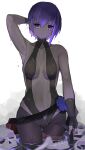  1girl absurdres arm_up armpits black_leotard blue_flower bone breasts center_opening cowboy_shot dark-skinned_female dark_skin fate/prototype fate/prototype:_fragments_of_blue_and_silver fate_(series) fingerless_gloves flower gloves haku_u_0818 hassan_of_serenity_(fate) highres leotard looking_at_viewer medium_breasts purple_eyes purple_hair ribs short_hair skull solo standing wet 