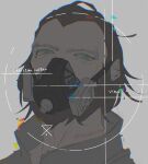  1boy 5-en apex_legends brown_hair caustic_(apex_legends) gas_mask green_eyes grey_background hair_behind_ear hair_slicked_back head_tilt highres looking_at_viewer male_focus mask mouth_mask portrait solo 