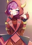  1girl blush breasts courtney_(pokemon) cowboy_shot drooling fake_horns gloves highres hood horned_headwear horned_hood horns large_breasts multicolored_clothes poke_ball poke_ball_(basic) pokemon pokemon_(game) pokemon_oras purple_eyes purple_hair red_gloves red_hood red_sweater ribbed_sweater rindoriko short_hair solo sweater team_magma team_magma_uniform 