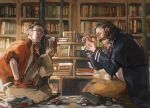  2boys black-framed_eyewear black_eyes black_hair black_jacket black_shoes book bookshelf brown_hair brown_pants chinese_commentary commentary_request day disco_elysium from_side full_body glasses gloves harry_du_bois highres holding indian_style indoors jacket kim_kitsuragi knee_up male_focus mature_male mimulishizi multiple_boys on_floor orange_gloves orange_jacket pants profile round_eyewear shoes short_hair sideburns sitting 