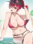  1girl :d bangs bikini boca breasts cleavage earrings eyeliner eyewear_on_headwear hat heterochromia highres hololive houshou_marine jewelry long_hair looking_at_viewer makeup navel necklace open_mouth palm_tree ponytail red_bikini red_eyes red_hair shorts sitting smile solo sunglasses swimsuit thigh_strap tree virtual_youtuber wading yellow_eyes 