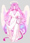  1girl ancient_greek_clothes angel_wings barefoot blush braid breasts chiton circlet cleavage closed_mouth clothes_lift collarbone colored_skin cookie_run cookie_run:_kingdom demon_tail dress dress_lift drill_hair english_commentary eternal_sugar_cookie eyelashes full_body gem greco-roman_clothes grey_background halo heart-shaped_gem highres holding holding_instrument holding_lyre humanization instrument long_hair looking_at_viewer lyre medium_breasts nail_polish pink_eyes pink_gemstone pink_hair pink_halo pink_nails pink_skin pointy_ears short_sleeves simple_background smile solo standing tail twin_braids uoopwoop white_dress white_eyeshadow wings 