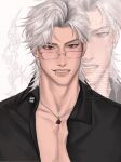  1boy alternate_hairstyle aransmind artist_name black_shirt cyber_sigilism eyebrow_piercing face_piercing highres ibispaint_(medium) jewelry light_smile lip_piercing love_and_deepspace mullet necklace piercing portrait rectangular_eyewear red_eyes shirt slit_pupils sylus_(love_and_deepspace) teeth unbuttoned white_background white_hair zoom_layer 