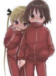  2girls absurdres blonde_hair blue_eyes brown_eyes brown_hair cowboy_shot hand_in_pocket highres holding_hands jacket kill_me_baby long_hair multiple_girls nose_drip oribe_yasuna pants red_jacket red_pants short_hair sonya_(kill_me_baby) standing track_jacket track_pants track_suit trembling twintails yasashii_naizou 