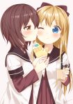  2girls beige_background blonde_hair blue_eyes blush bow brown_bow brown_eyes brown_hair brown_sailor_collar closed_mouth crepe drink drinking_straw eyebrows_visible_through_hair food food_on_face funami_yui hair_between_eyes hair_bow highres holding holding_drink holding_food layered_sleeves long_hair long_sleeves multiple_girls nanamori_school_uniform sailor_collar school_uniform serafuku short_hair short_over_long_sleeves short_sleeves signature simple_background tongue tongue_out toshinou_kyouko upper_body usagi_koushaku yuri yuru_yuri 