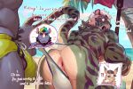 2025 anthro arm_hair back_muscles backsack balls barazoku beach beard big_bulge big_butt black_hair blue_sky blush body_hair bulge butt clothing clothing_aside day detailed_bulge dialogue duo english_text erection facial_hair facial_horn felid fur genital_outline genitals gradient_hair green_body green_clothing green_fur green_hair green_swimming_trunks green_swimwear grey_body grey_skin hair hi_res horn male male/male mammal multicolored_hair muscular muscular_anthro muscular_male nose_horn nude null-ghost oil oiled_butt outside pantherine penis_outline rear_view rhinoceros sea sex sky smile striped_body striped_fur stripes swimming_trunks swimwear swimwear_aside tail teal_hair text tiger two_tone_hair water