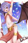  1girl alternate_costume arabian_clothes arm_up armpits bat_wings blush breasts breasts_apart commentary_request confetti dancer emerald_(gemstone) fangs gold_bracelet hair_between_eyes hair_ornament highres jewelry looking_at_viewer navel necklace one_eye_closed open_mouth pelvic_curtain purple_hair red_eyes remilia_scarlet remitei03 short_hair small_breasts solo sparkle sweat tongue touhou wings 