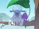 bad_id bad_pixiv_id banned_artist branch commentary_request holding holding_leaf leaf nihilego nin_(female) no_humans poipole pokemon pokemon_(creature) rain sitting smile tree ultra_beast water_drop 