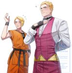  1boy 1girl aosa_(jmzg2528) belt black_belt black_bow black_bowtie black_gloves blonde_hair blue_eyes blush bow bowtie collared_shirt commentary_request cosplay costume_switch cowboy_shot cuff_links dougi dress_shirt earrings embarrassed gloves hair_slicked_back jewelry king_(snk) king_(snk)_(cosplay) long_sleeves martial_arts_belt orange_dougi pants purple_pants purple_vest ryou_sakazaki ryou_sakazaki_(cosplay) ryuuko_no_ken sash shirt short_hair simple_background sweatdrop the_king_of_fighters undershirt vest white_background white_shirt wristband yellow_sash 