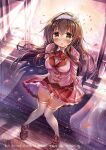  1girl :o akabane_(zebrasmise) black_hair blazer blush bow bowtie breasts brown_shoes copyright_notice curtains flower from_above hair_flower hair_ornament hairband holding holding_letter indoors jacket letter long_hair love_letter official_art pecteilis petals pink_jacket plaid_clothes plaid_skirt pointy_ears red_bow red_bowtie red_skirt school_uniform shirt shoes skirt solo sparkle thighhighs white_hairband white_shirt white_thighhighs window yellow_eyes z/x 