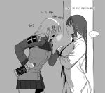  ... 2girls alcohol blush bottle closed_mouth commentary_request crossed_arms drunk from_side frown girls&#039;_frontline greyscale hk416_(girls&#039;_frontline) holding holding_bottle huqu jack_daniel&#039;s jacket korean_text long_hair m16a1_(girls&#039;_frontline) miniskirt monochrome multiple_girls necktie open_mouth pleated_skirt pointing shirt skirt spoken_ellipsis translation_request yuri 