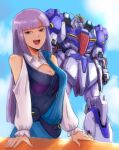  1girl :d bare_shoulders blunt_ends breasts brown_eyes buckle cleavage cleavage_cutout clothing_cutout cloud cloudy_sky fanny_pack gacha-m gundam gundam_zz long_hair long_sleeves looking_at_viewer md5_mismatch mecha mobile_suit open_mouth purple_hair roux_louka shoulder_cutout sidelocks sky smile solo straight_hair teeth upper_body v-fin zeta_gundam_(mobile_suit) 