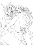  1boy 1girl absurdres body_fur breasts breasts_apart collarbone commentary commission completely_nude dizi930 elden_ring fingering greyscale hand_on_another's_chin hand_on_another's_hand hetero highres horns knee_up lineart looking_at_another lying_on_person medium_breasts monochrome morgott_the_omen_king multiple_horns muscular muscular_male navel nipples nude pussy_juice simple_background tarnished_(elden_ring) white_background 
