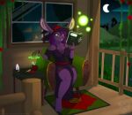 anthro biped book breasts clothed clothing digital_media_(artwork) female food fur furniture glowing hair hat headgear headwear hi_res lagomorph leporid magic magic_user mammal marvelous_managerie moon night nihgt outside plant porch rabbit reading reading_book sitting smile solo stirring window witch witch_hat
