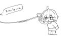 1girl :&gt; ahoge anastasia_(idolmaster) barefoot chibi greyscale hair_between_eyes holding idolmaster idolmaster_cinderella_girls kawamochi_(kawauti919) long_sleeves monochrome parted_lips shirt shorts simple_background solo standing translation_request triangle_mouth white_background 