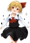  1girl ascot black_skirt black_vest blonde_hair blush collarbone collared_shirt commentary eyebrows_visible_through_hair feet_out_of_frame hair_between_eyes hair_ribbon highres kamachi_(kamati0maru) long_sleeves md5_mismatch open_mouth red_ascot red_eyes red_ribbon resolution_mismatch ribbon rumia shirt short_hair simple_background skirt smile solo source_larger touhou vest white_background white_shirt 