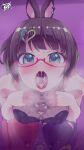  1girl after_fellatio animal_ears bare_shoulders black_hair blush breasts cum cum_in_mouth cum_on_body cum_on_breasts cum_on_clothes cum_on_tongue dress glasses gradient_hair green_eyes green_hair happyturnw highres indie_virtual_youtuber multicolored_hair open_mouth rabbit_ears red-framed_eyewear short_hair sleeveless sleeveless_dress solo tammy_(vtuber) thighhighs turtleneck_dress virtual_youtuber visible_air 