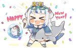 &gt;_&lt; 1girl 2021 :d bangs bloop_(gawr_gura) blue_hair blunt_bangs blush_stickers chibi closed_eyes commentary confetti dated_commentary english_commentary english_text eyewear_on_head fish_tail full_body gawr_gura happy_new_year highres hololive hololive_english legs_apart long_hair long_sleeves multicolored_hair new_year open_mouth outstretched_arm same_anko shark_tail sharp_teeth smile solo streaked_hair stuffed_animal stuffed_shark stuffed_toy sunglasses tail teeth two-tone_hair two_side_up virtual_youtuber white_hair wide_sleeves xd 