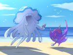  bad_id bad_pixiv_id banned_artist beach cloud commentary_request day holding nihilego nin_(female) no_humans outdoors poipole pokemon pokemon_(creature) sand seashell shell sky ultra_beast water 