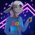 anthro asinus biped clothed clothing digital_media_(artwork) donkey electronics english_text equid equine eyes_closed fingers fur hair headphones hi_res holding_object listening_to_music male mammal marvelous_managerie musical_note musical_symbol simple_background smile solo symbol text topwear