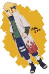  1boy black_footwear blonde_hair blue_eyes blue_pants character_name cloak closed_mouth forehead_protector full_body green_vest hand_on_hip highres looking_at_viewer medium_hair namikaze_minato naruto naruto_(series) ninja pants pinoko_(pnk623) sandals simple_background smile solo toes vest white_background yellow_background 