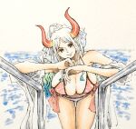  1girl aqua_hair bikini breasts brown_eyes cleavage closed_mouth curled_horns elbow_rest green_hair hair_ornament head_tilt highres horns huge_breasts leaning_forward long_hair multicolored_hair multicolored_horns one_piece oni pool_ladder puipui_(gamename) red_horns shawl sidelocks skindentation smile solo swimsuit thigh_gap very_long_hair water white_hair yamato_(one_piece) yellow_horns 