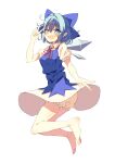  +_+ 1girl absurdres bare_arms bare_legs barefoot bloomers blue_bow blue_dress blue_eyes blue_hair blush bow cirno collared_shirt commentary_request detached_wings dress fairy fang frilled_sleeves frills full_body hair_bow hair_intakes highres ice ice_wings legs_folded looking_at_viewer multiple_wings neck_ribbon pinafore_dress pointy_ears puffy_short_sleeves puffy_sleeves red_ribbon ribbon seika_okawari shirt short_hair short_sleeves simple_background skin_fang sleeveless sleeveless_dress smile solo touhou v w white_background white_bloomers white_shirt wings 