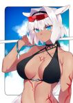  1girl animal_ears bare_shoulders bikini black_bikini black_headband blue_eyes blue_sky body_markings bracelet breasts caenis_(fate) caenis_(swimsuit_rider)_(fate) cleavage cloud collarbone commentary_request eyebrows_visible_through_hair eyewear_on_head fate/grand_order fate_(series) hair_intakes headband ho08sena jewelry large_breasts polearm sky solo sunglasses swimsuit weapon white_hair wristband 