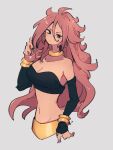  1girl android_21 bare_shoulders black_eyes bracelet breasts cleavage closed_mouth crop_top dragon_ball dragon_ball_fighterz earrings fingernails grey_background hair_between_eyes hoop_earrings jewelry kemachiku long_hair looking_at_viewer majin_android_21 medium_breasts midriff navel red_hair simple_background solo upper_body 