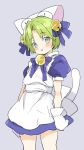  1girl :d animal_ears apron atage bell blush bow bowtie cat_ears cat_tail cowboy_shot dejiko di_gi_charat dress gloves green_eyes green_hair grey_background hair_bell hair_ornament jingle_bell looking_at_viewer neck_bell open_mouth puffy_short_sleeves puffy_sleeves purple_bow purple_bowtie purple_dress short_hair short_sleeves simple_background smile solo standing tail white_apron white_gloves 