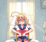  1girl bedroom black_one-piece_swimsuit blonde_hair blue_sailor_collar blue_skirt breasts chair clock commentary_request curtains desk_lamp feet_out_of_frame glasses green_eyes highleg highleg_one-piece_swimsuit i-8_(kancolle) indoors izumi_shara kantai_collection lamp large_breasts low_twintails neckerchief nightstand one-piece_swimsuit pleated_skirt red-framed_eyewear red_neckerchief sailor_collar sailor_shirt school_uniform serafuku shirt short_sleeves sitting sitting_backwards skirt solo swimsuit swimsuit_under_clothes twintails white_shirt 