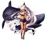  1girl absurdres ahoge alternate_costume animal_ears b-pang breasts cleavage concept_art dark-skinned_female dark_skin eyebrows_visible_through_hair full_body grin guardian_tales highres holding ice_witch_lupina long_hair multicolored_hair navel ponytail shark shorts sleeveless smile standing tattoo white_background wolf_ears wolf_girl yellow_eyes 