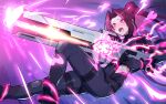  1girl absurdres black_bodysuit blush bodysuit commentary_request commission curtained_hair feet_out_of_frame finger_on_trigger firing glowing gun heart heart-shaped_pupils highres holding holding_gun holding_weapon long_hair matsumoto_tomoyohi open_mouth original pink_eyes pixiv_commission ponytail purple_hair railgun raised_inner_eyebrows solo symbol-shaped_pupils weapon 