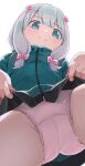  1girl blue_eyes bow closed_mouth commentary_request crotch eromanga_sensei from_below green_jacket hair_bow highres hiroki_(yyqw7151) izumi_sagiri jacket jacket_lift lifted_by_self long_hair looking_at_viewer looking_down panties pink_bow pink_panties simple_background solo thighs underwear white_background white_hair 