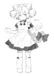  1girl apron atage bell bow bright_pupils cat_tail closed_mouth dejiko di_gi_charat greyscale hair_bell hair_ornament hands_up hat jingle_bell looking_at_viewer maid maid_apron monochrome neck_bell paw_shoes puffy_short_sleeves puffy_sleeves short_sleeves simple_background smile solo tail tail_bow tail_ornament white_background white_pupils 