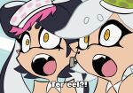  +_+ 2girls aqua_background bangs black_hair blue_background callie_(splatoon) close-up earrings eyebrows_visible_through_hair fangs green_headwear hat highres jewelry long_hair marie_(splatoon) mole mole_under_eye multiple_girls open_mouth pink_headwear short_hair splatoon_(series) splatoon_1 subtitled tomorroq white_hair yellow_eyes 