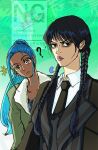  2girls ? black_eyes black_hair black_jacket black_necktie blue_hair coat collared_shirt crescent crossover frown green_coat highres itstheenami jacket long_hair multiple_girls necktie nefertari_vivi nevermore_academy_school_uniform one_piece ponytail school_uniform shirt sun_symbol tan the_addams_family twintails upper_body wednesday_(netflix) wednesday_addams white_shirt yellow_eyes 