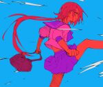  1girl absurdres bag blue_background clenched_hands closed_mouth colored_sclera colored_skin from_side high_contrast highres holding holding_bag kicking limited_palette long_hair low_ponytail miniskirt original pink_sclera pink_shirt pleated_skirt profile purple_sailor_collar purple_skirt red_skin red_theme sailor_collar school_uniform serafuku shirt skirt solo standing standing_on_one_leg tsu_(lovesick1964) very_long_hair yellow_eyes 