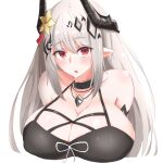  1girl :o arknights bikini black_bikini breasts demon_horns flower grey_hair hair_between_eyes hair_flower hair_ornament highres horns huge_breasts infection_monitor_(arknights) long_hair looking_at_viewer maiq06 mudrock_(arknights) mudrock_(silent_night)_(arknights) official_alternate_costume oripathy_lesion_(arknights) pointy_ears red_eyes solo stomach swimsuit underboob upper_body white_background yellow_flower 