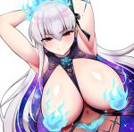  1girl armpits arms_behind_head arms_up bangs bare_shoulders blue_fire blue_hair blush body_markings breasts earrings fate/grand_order fate_(series) fire flower hair_flower hair_ornament hair_ribbon jewelry kama_(fate) kama_(swimsuit_avenger)_(fate) kanno_takanori large_breasts long_hair looking_at_viewer lotus multicolored_hair navel red_eyes revealing_clothes ribbon silver_hair smile star_(symbol) star_earrings two-tone_hair 