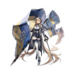  1girl absurdly_long_hair arknights bangs bare_shoulders blonde_hair blue_eyes blue_hairband blue_neckwear boots braid breasts crossed_legs flag full_body grey_footwear hairband highres holding holding_sword holding_weapon kingdom_of_victoria_logo long_hair looking_at_viewer medium_breasts official_art pointy_ears saileach_(arknights) smile solo standing sword thighhighs transparent_background twin_braids very_long_hair watson_cross weapon white_legwear xiayehongming 
