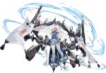  1girl aircraft airplane azur_lane bangs black_footwear black_hair blue_eyes breasts cape earrings eyebrows_visible_through_hair full_body hair_ornament hand_on_hip highres izuru_(timbermetal) japanese_clothes jewelry katsuragi_(azur_lane) long_hair looking_at_viewer machinery official_art open_mouth see-through shiny shiny_hair small_breasts smile solo standing thighhighs tied_hair transparent_background turret twintails weapon white_legwear 