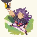  1boy arm_up blush champion_uniform clenched_hand closed_eyes dark-skinned_male dark_skin dynamax_band facial_hair from_above gloves grin highres leggings legs_apart leon_(pokemon) long_hair male_focus mobuchin partially_fingerless_gloves pokemon pokemon_(game) pokemon_swsh purple_hair shield_print shirt shoes short_shorts short_sleeves shorts single_glove smile solo standing sword_print teeth white_legwear white_shorts 