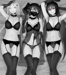 3girls baton_(conducting) bra breasts brown_eyes check_commentary cleavage collarbone commentary commentary_request executioner_(girls&#039;_frontline) garter_belt girls&#039;_frontline gloves green_eyes hair_between_eyes highres hunter_(girls&#039;_frontline) lingerie long_hair looking_at_viewer lying mask medium_breasts mizukamakiri multiple_girls navel on_back panties red_eyes respirator sangvis_ferri scarecrow_(girls&#039;_frontline) spot_color thighhighs twintails underwear 