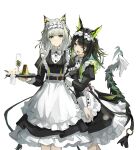  2girls absurdres animal_ears arknights bare_legs black_dress black_gloves black_hair cat_ears cat_girl chinese_commentary commentary_request dress fang gloves green_eyes green_hair grey_hair hand_up highres kal'tsit_(arknights) maid maid_headdress mon3tr_(arknights) mon3tr_(summon)_(arknights) multiple_girls official_alternate_costume short_hair skin_fang ta_ta_penny tail white_apple 