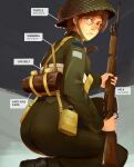  1girl 2ltpaula absurdres bayonet bolt_action boots braid brodie_helmet brown_hair canada canadian_armed_forces combat_helmet english_commentary english_text finger_on_trigger freckles from_behind glasses green_boots green_eyes green_jacket green_pants grin gun helmet highres jacket lee-enfield long_hair long_sleeves looking_at_viewer looking_back military military_combat_uniform military_uniform original pants patch pointing_out_the_details rifle shoulder_patch smile solo suspenders unit_patch weapon world_war_ii 