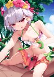  1boy 1girl assertive_female bangs bare_shoulders beach bikini bikini_pull blue_sky blush breasts censored clothes_pull collarbone condom condom_on_penis erection fate/grand_order fate_(series) flower_wreath girl_on_top green_bikini hair_ribbon head_wreath hetero highres imminent_penetration imminent_vaginal kama_(fate) kama_(swimsuit_avenger)_(fate) looking_at_viewer mikan_(bananoha) miniskirt mosaic_censoring naughty_face navel nipples open_mouth penis pussy rainbow_skirt red_eyes ribbon short_hair silver_hair skirt skirt_pull sky small_breasts smile swimsuit thighs tree 