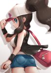  1girl absurdres ass bag baseball_cap black_vest blue_eyes breasts brown_hair cowboy_shot denim denim_shorts from_behind gonzarez hair_through_headwear hand_on_headwear handbag hat highres hilda_(pokemon) holding holding_bag holding_poke_ball long_hair looking_at_viewer looking_back parted_lips poke_ball poke_ball_(basic) pokemon pokemon_(game) pokemon_bw ponytail profile short_shorts shorts sidelocks sleeveless solo tank_top v-shaped_eyebrows vest white_tank_top wristband 